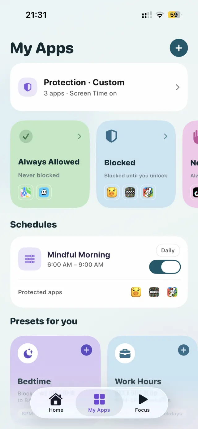 My Apps screen with Always Allowed, Blocked and Never Allowed categories, a Mindful Morning schedule from 6 to 9 AM, and Bedtime and Work Hours presets.