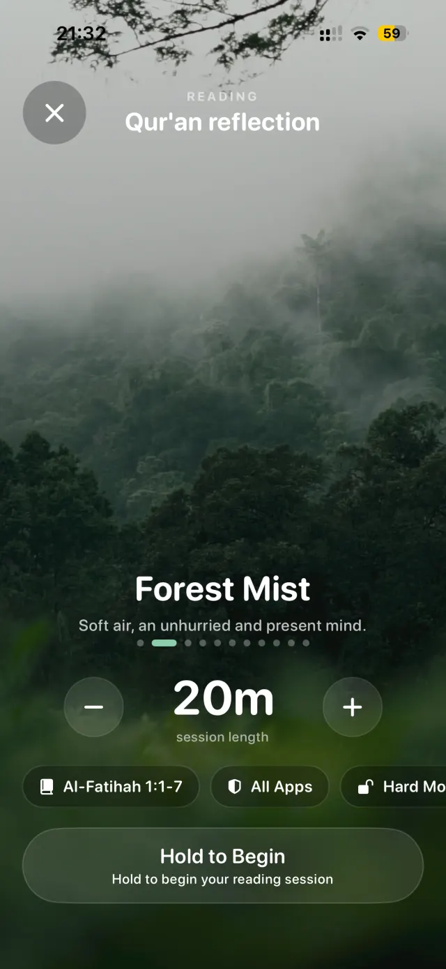 Session setup over a forest scene: Qur'an reflection, twenty minutes, Al-Fatihah, all apps, hard mode, and a Hold to Begin button.
