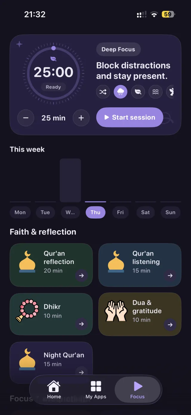 Focus tab with a 25-minute Deep Focus timer and faith sessions: Qur'an reflection, Qur'an listening, dhikr and dua.