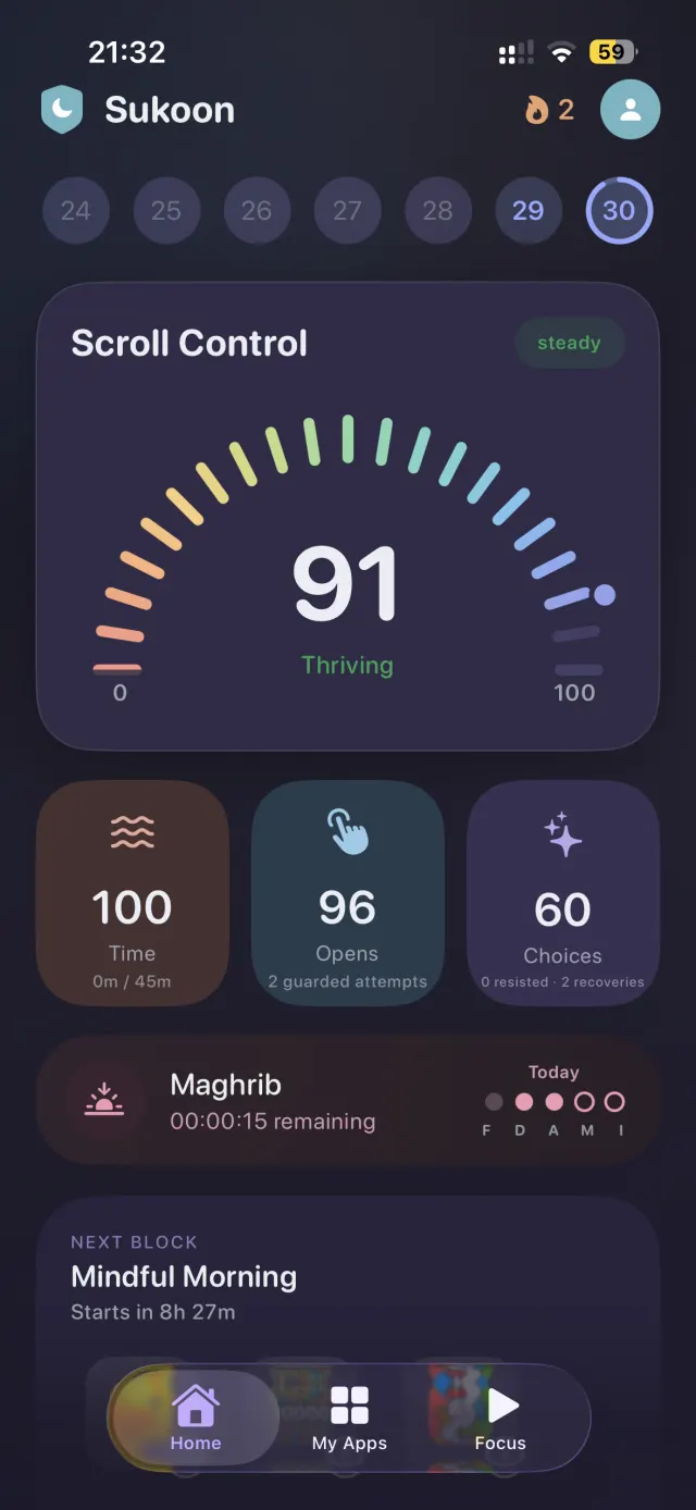 Sukoon home screen at night in dark mode, showing the day's score.
