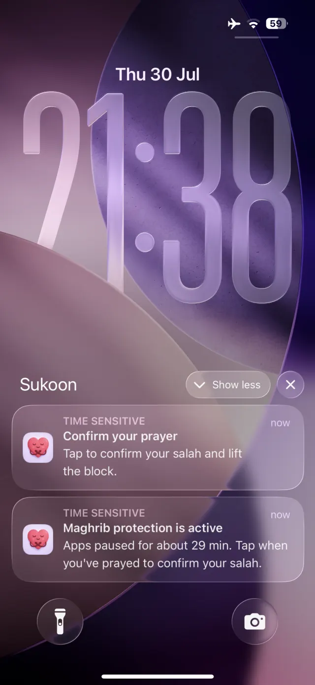 Lock screen notification: Maghrib protection is active, apps paused for about 29 minutes.
