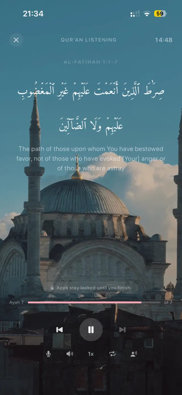 Qur'an listening session playing Al-Fatihah over a mosque scene, with the note: apps stay locked until you finish.